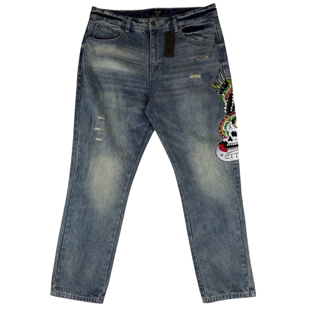 Ed Hardy Blue Jeans Men 36 Embroidered Skull Snake Distressed Y2K MEHD8301-2 NWT